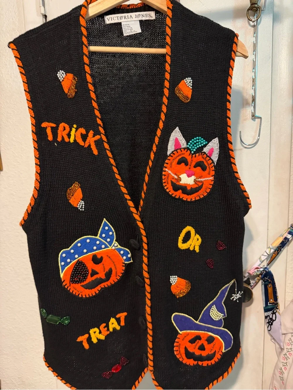 Victoria Jones Woman Black Halloween Trick-or-Treat Vest with Orange Trim - Picture 1 of 7